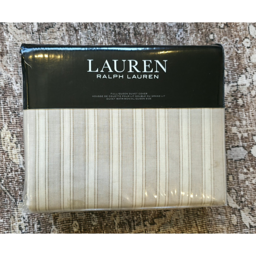 Ralph Lauren Graydon Melange Bold Stripe Full/Queen Duvet Dune Linen NIP